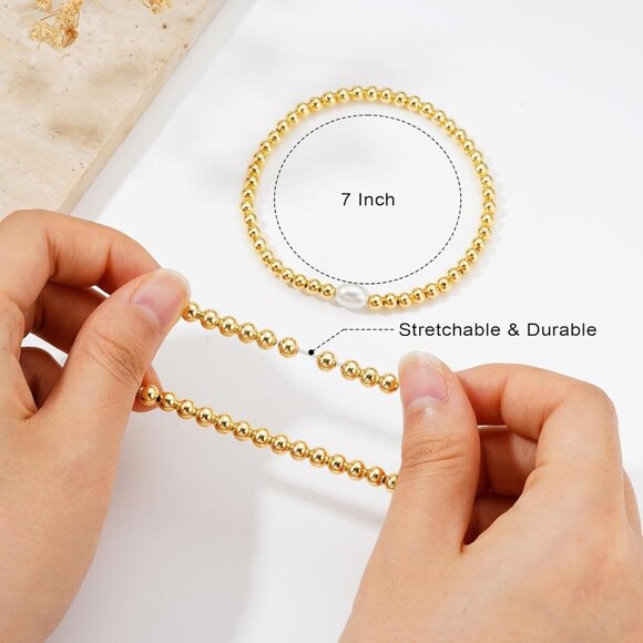 Women's 14k Real Gold Plated Trendy Beaded Stack Adjustable Pearl Bracelet Set - Picture 6 of 7